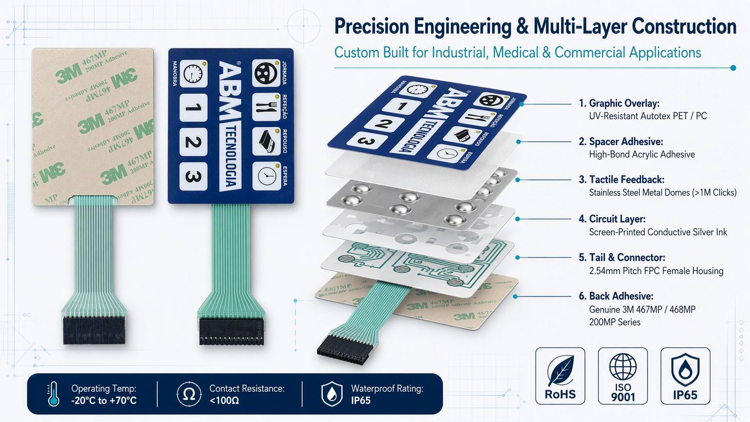 Custom Membrane Switch Industrial Control Panel Keypad OEM ODM Tactile Metal Dome RoHS UL94V0 Wholesale 5 Million Cycles